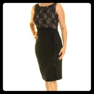 Black Lace Illusion Top Midi Dress, Ruffled Skirt